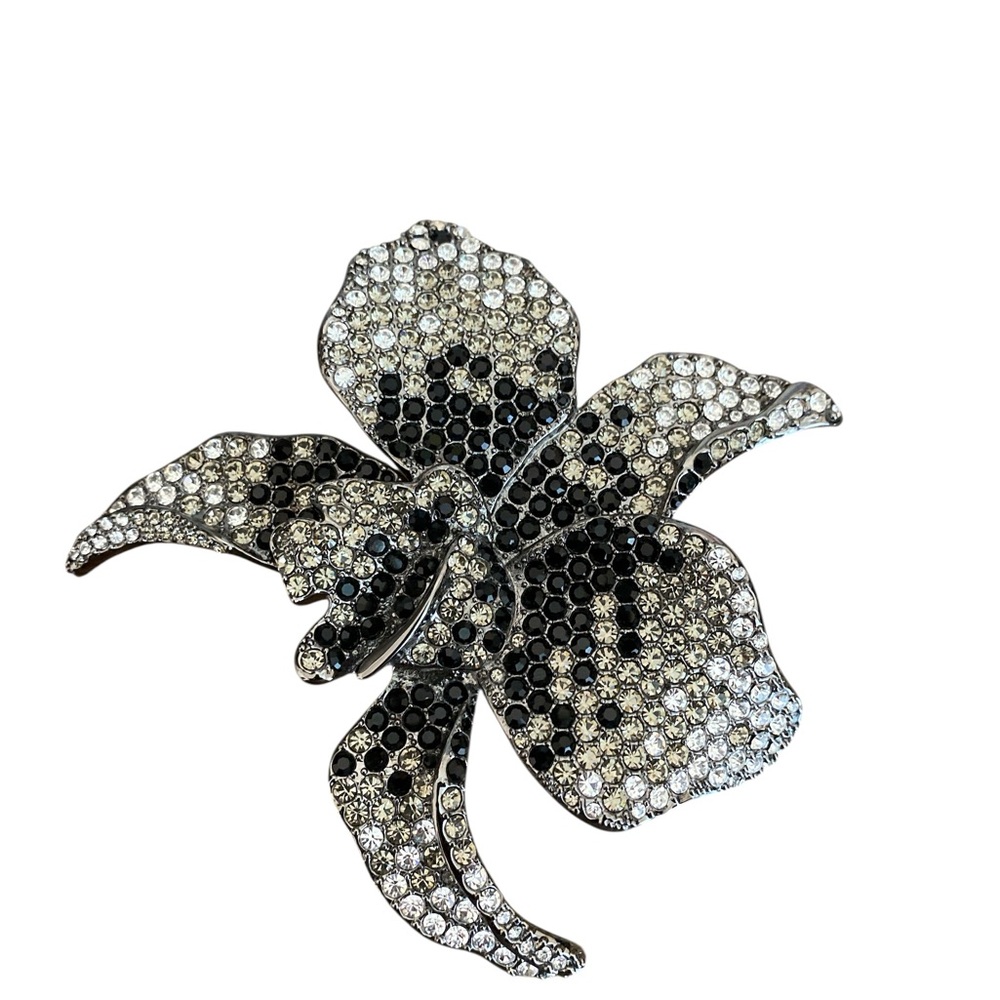 Large Embellished Black and Silver Floral Brooch